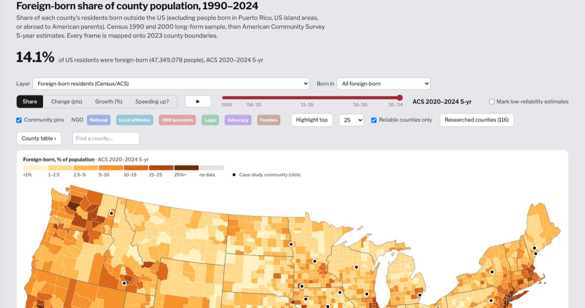 County map of foreign-born share, 1990–2024